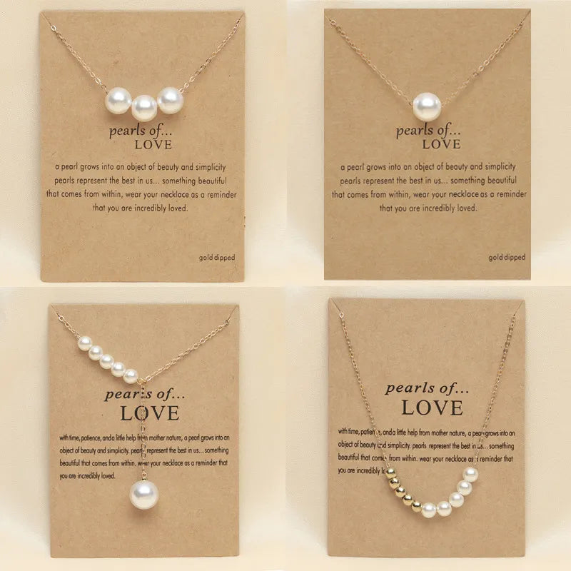 Elegant 18K Gold Silver Plated White Imitation Pearl Pendent Charm Necklace for Women Ladies Romantic Lovers Elegant Jewelry Gift with Wish Card